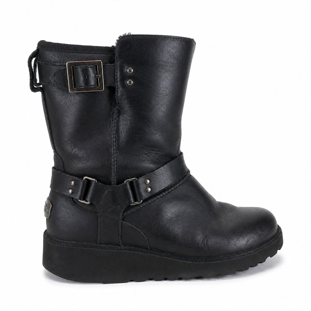UGG Harness Motorcycle Boots Sz 8 Black Leather Shearling Biker Grunge Goth Punk